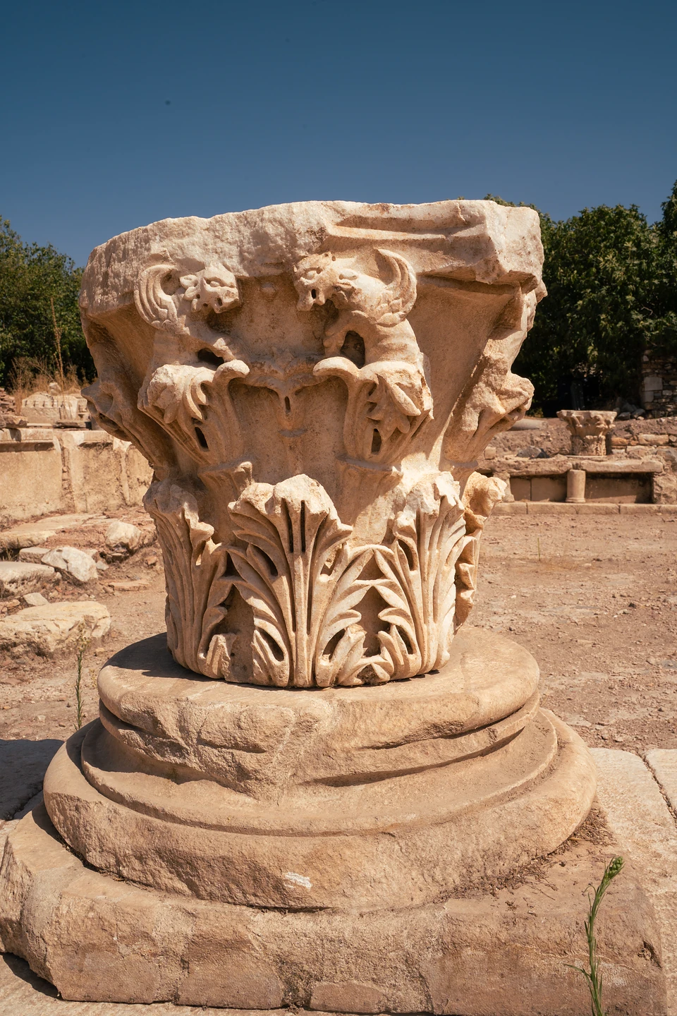 A capital set on a column base, deep acanthus leaves below small carved animals