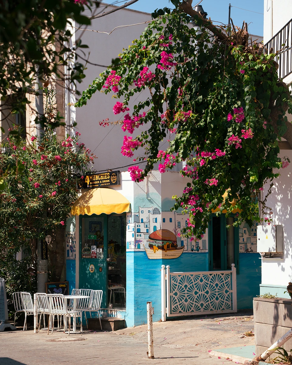 A blue café under bougainvillea in Bodrum, a burger in a boat painted on its wall