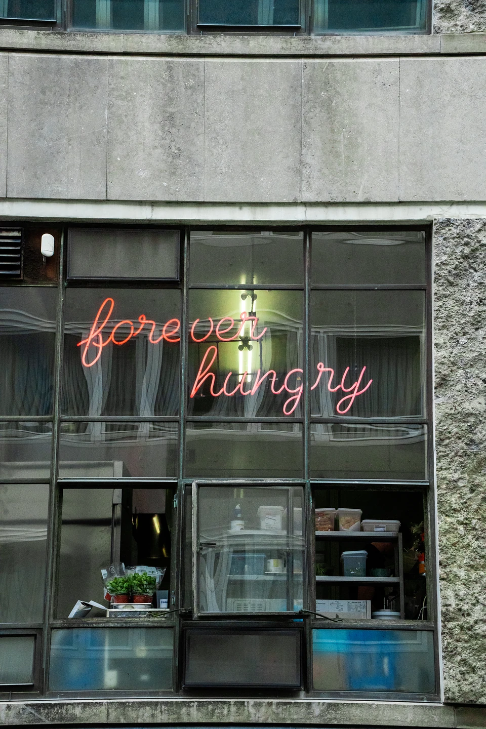 A red neon sign reading 'forever hungry' glowing in a steel-framed window